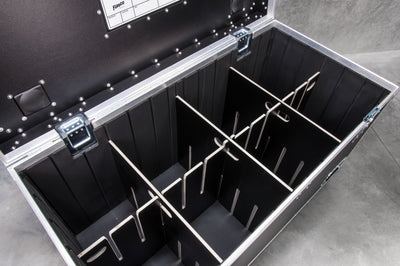 Inside 1200 road case with eight separate compartments